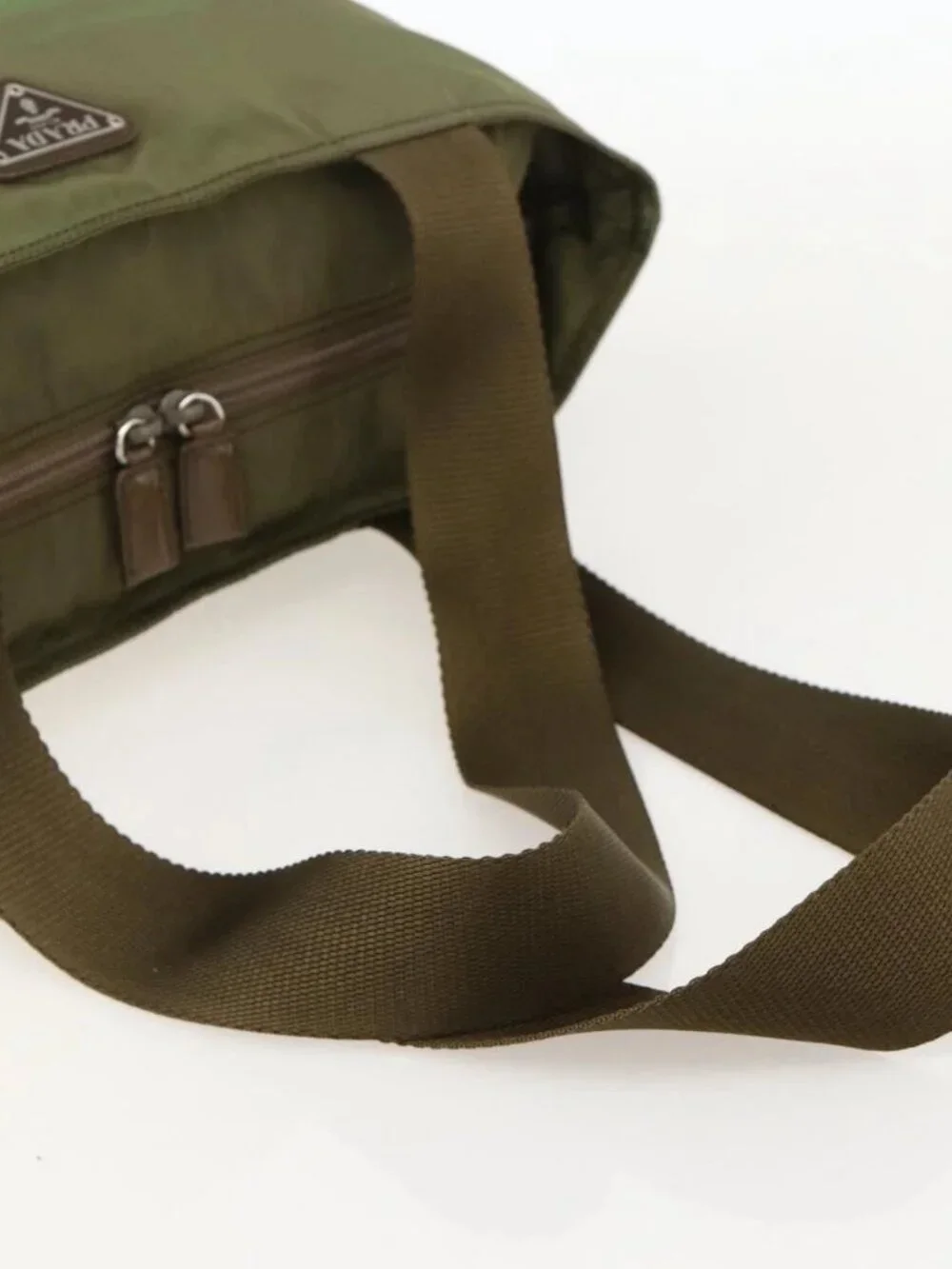 PRADA Tote Bag Nylon Khaki Silver Auth 175345
